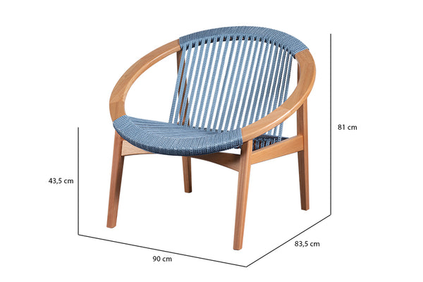 Poltrona Cônica Natural e Corda Azul vista em perspectiva com medidas